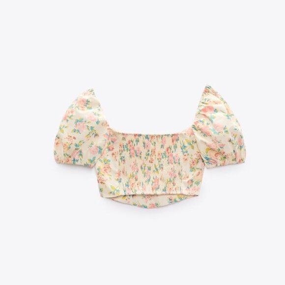Zara Crop Top Women’s Size Large Floral Puffy Sleeve‎ Smocked Back Corset Point - Picture 11 of 14
